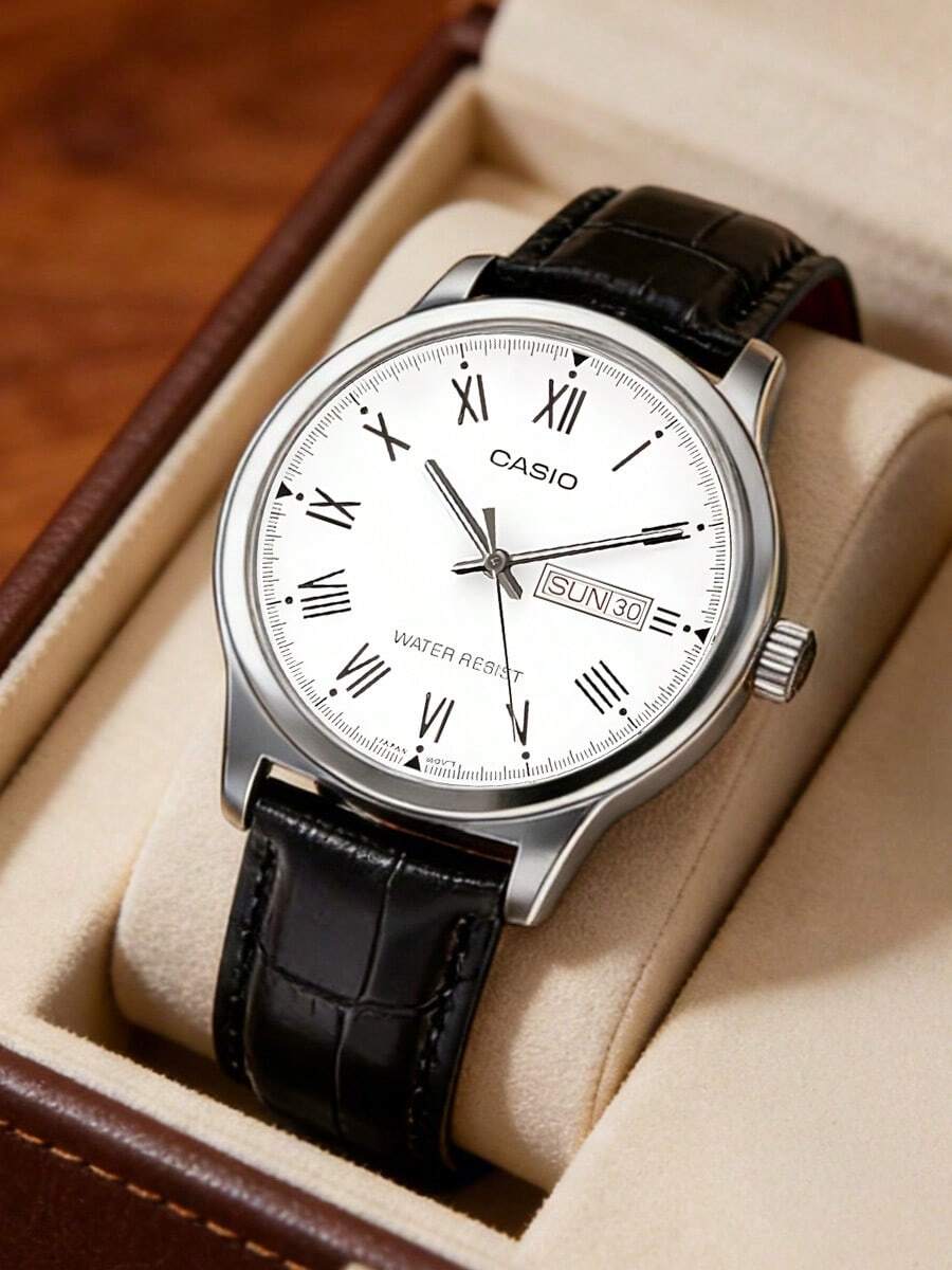 Casio 卡西欧男士石英表，真皮表带，白色罗马数字表盘，日期显示，三指针模拟腕表，适合日常休闲佩戴 - 白色 - 查看 1