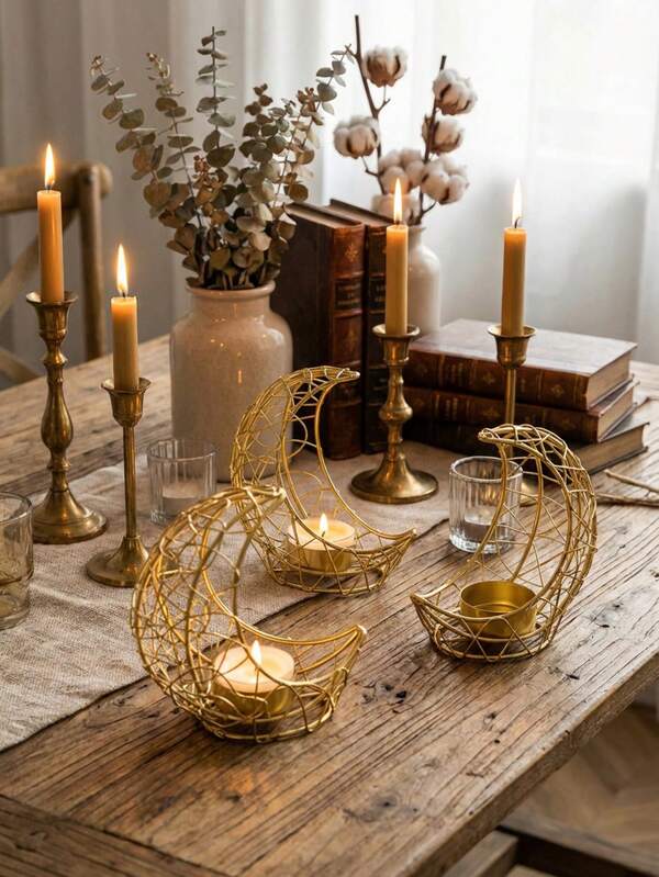 1pc Modern Iron Candle Holder, Suitable For All Users, Birthday Gift, Home Hotel Decor, Wedding Anniversary Decor, Star, Moon, Lantern Shaped, Suitable For Graduation Ceremony, Eid Al-Fitr, Birthday And Other Occasions, Ramadan Decor, Eid Al-Fitr Gift, Ramadan Decoration