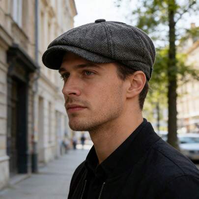 1顶复古街头风男士经典百搭贝雷帽，适合春、秋、冬季户外、旅行、休闲等场合。