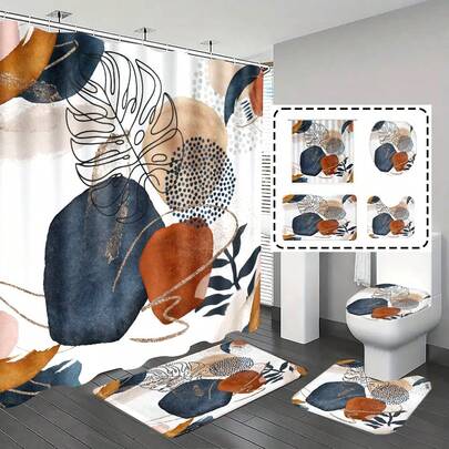 【热门之选】1件/4件套浴室浴帘套装，浴室装饰，几何植物图案，波西米亚风格，含浴室地垫，礼品，含12个挂钩