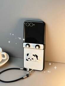 可爱趣味熊猫白色手机壳，带皮质挂绳，兼容三星 Galaxy ZFlip7、Z Flip6、ZFlip 5，防震后盖 - 白色 - 查看 8