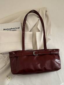 1个复古大容量手提包，通勤超大腋下包，时尚摩托车手提包，PU纯色油蜡皮革，带肩带装饰，拉链封口，女士单肩包，适合工作、大学生背包、短途旅行、度假、购物、商务等场合，日常使用皆宜。 - 酒紅色 - 查看 2