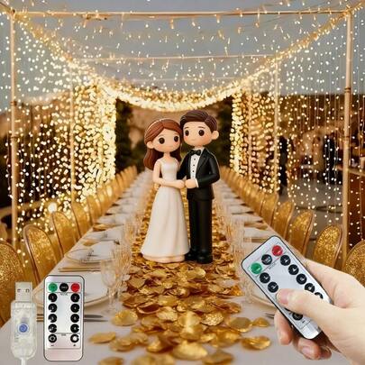 1条USB供电LED窗帘灯串，8种灯光模式，遥控器，适用于婚礼、生日、派对、复活节、斋月、情人节、单人派对装饰和照明