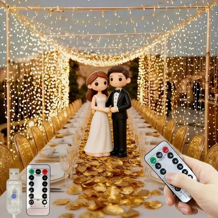 1条USB供电LED窗帘灯串，8种灯光模式，遥控器，适用于婚礼、生日、派对、复活节、斋月、情人节、单人派对装饰和照明 - USB供電窗簾燈 - 查看 1