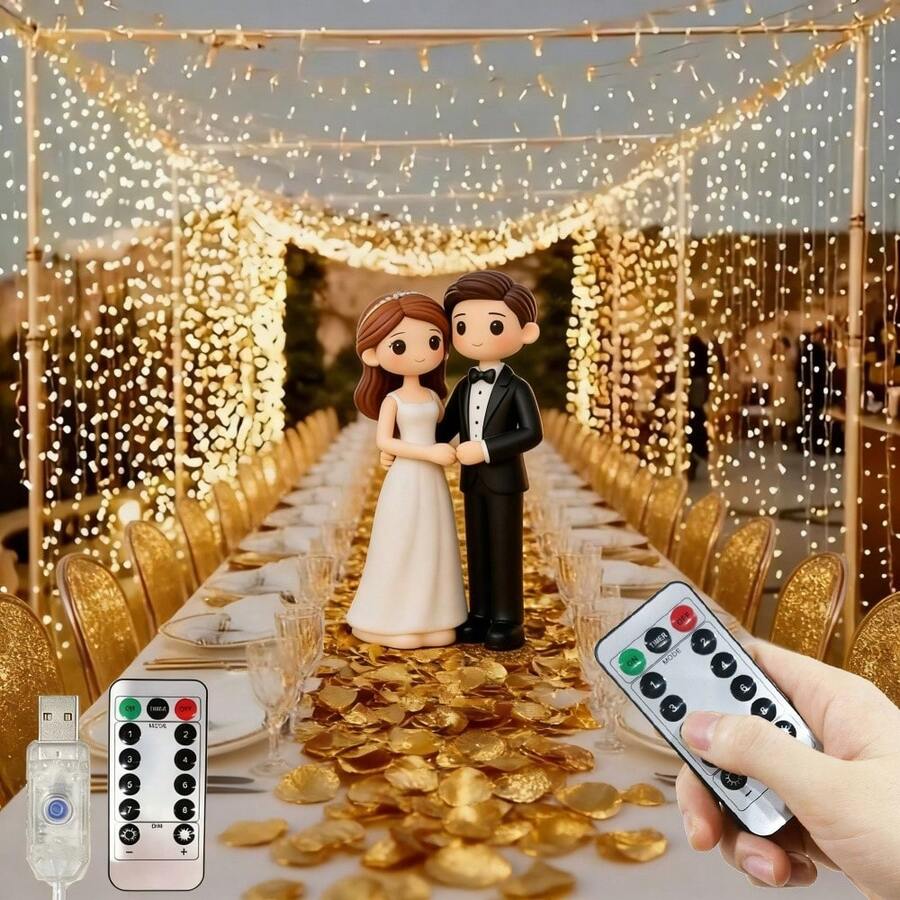 1 pieza Luces de cortina de cadena LED alimentadas por USB, 8 modos de iluminación, control remoto, adecuadas para boda, cumpleaños, fiesta, Pascua, Ramadán, Día de San Valentín, decoración y iluminación para fiesta individual