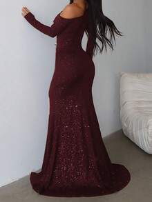 WOWDARK 夏季酒红色连衣裙，优雅纯色不对称肩部亮片高开衩正式派对礼服，适合情人节、约会、聚会、派对、旅行、度假、海滩等场合，也适合春季婚礼。 - 酒紅色 - 查看 5