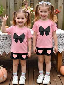 Baby Girls' Bow & Heart Print T-Shirt And Shorts Set, Spring/Summer - Pink - View 4