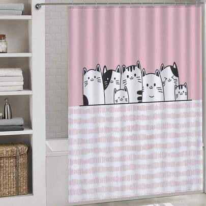 1件可爱猫咪印花浴帘，适用于浴室浴缸隔断、浴室淋浴帘装饰、浴室配件
