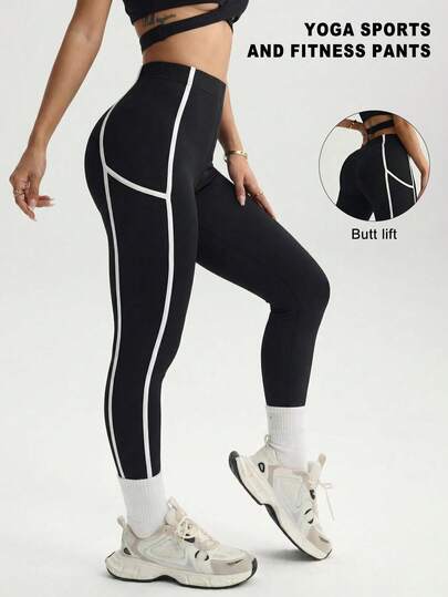 Quần legging nữ cạp cao phối sọc tương phản, quần thể thao yoga ôm sát, co giãn, nâng đỡ vòng ba, trang phục năng động thường ngày cho mùa xuân/hè.