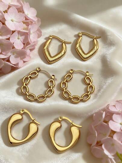 1/3 Pair Stainless Steel Earrings, Stainless Steel Jewelry, Women's Earrings, Dangle Earrings, Gold-Plated Hinged Round Earrings, Bamboo Texture, Diamond Cut, Hexagon, Square, Round, Butterfly Shape, Design, Pure Titanium Alloy Earrings Suitable For Sensitive Ears, Women's Charming Accessories, Middle Eastern Fashion Jewelry, Ramadan Decorative Jewelry And Accessories, Party And Holiday Gifts