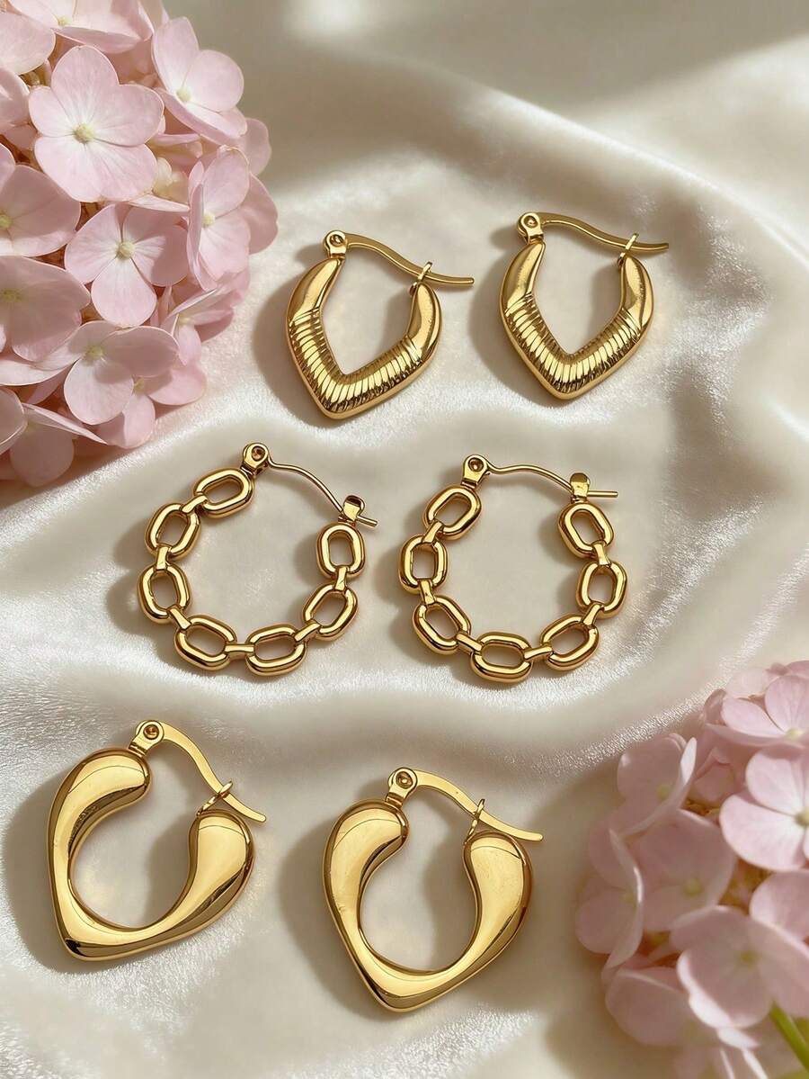 不鏽鋼耳環套組,不鏽鋼珠寶,女士耳環,垂墜耳環,鍍金合頁圓形耳環,竹紋,鑽切,六角形,正方形,圓形,蝴蝶造型,設計,純鈦合金耳環適合敏感耳,女士迷人飾品,中東時尚珠寶,齋月裝飾珠寶與配件,派對與節日禮物 (1/3 對) - 彩色 - 查看 1