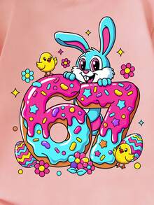 Young Girl Easter Limited Edition Short Sleeve T-Shirt, Cartoon Rabbit & Number 67 Double-Sided Print, Casual Round Neck Children Clothing - Black - View 3