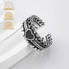 1入組S925純銀黑色心形復古朋克嘻哈中空女士戒指，可調整 - 銀色 - 查看 6