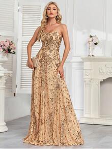 Elegante vestido de noche de lentejuelas sexy, estilo sirena largo, adecuado para bailes formales, fiestas de bodas de lujo, eventos de cóctel, también adecuado como invitado de boda, ceremonia de graduación, vestido de cena - Dorado - Ver 2