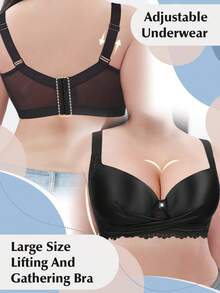 Plus Size Lace Wide Strap Bra - Smooth Thin Padding, Bow Decor, Underwire Support, Lace Trim - Black - View 2