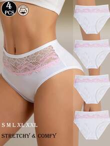 4 Peças Calcinhas Elegantes de Cintura Alta Brancas e Rosas com Estampa Floral, Roupa Íntima Diária Macia, Respirável, Elástica e Confortável com Renda Contrastante - Branco - Visão 5