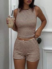 GAOVOT Women's Casual Striped Sleeveless Tank Top And Shorts 2 Piece Set, Slim Fit For Commuting And Outdoor Wear, Summer - màu nâu - Xem 2