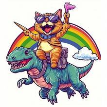 1张/2张/3张装，耐用持久的热转印贴纸，酷炫猫咪骑恐龙图案，适用于DIY T恤、连帽衫、牛仔裤、卫衣、背包、夹克、手提包、枕头等。 - L - 查看 2