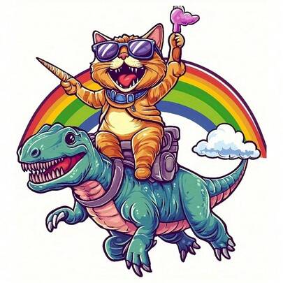 1张/2张/3张装，耐用持久的热转印贴纸，酷炫猫咪骑恐龙图案，适用于DIY T恤、连帽衫、牛仔裤、卫衣、背包、夹克、手提包、枕头等。