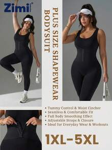 Zimi Collection 1XL-4XL Plus Size Seamless Shapewear Jumpsuit | Black Adjustable Front Buckle Tummy Control Waist Trainer Workout Bodysuit For Gym Daily Wear Under Dresses - Black - View 9