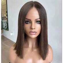 高品质 13x4 渐变棕色和金色合成丝刘海假发，短直发，无缝婴儿发，预剪裁款式 - 彩色 - 查看 2