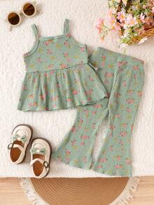 2pcs Baby/Toddler Girls' Cute Fresh Green Floral Print Camisole Ribbed Top + Pants Set, Spring/Summer, Nature Style - Green - View 2