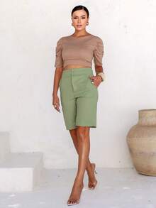 Linen Bermuda Shorts With A Modern Design, Featuring Pockets And Covered Buttons. - Xanh xô thơm - Xem 3