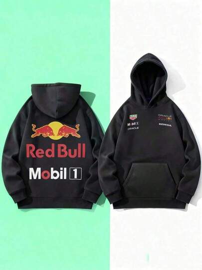 Sudadera con capucha unisex Red Bull Racing X Mobil 1 con estampado del equipo de F1 y bolsillos - Cómoda y suave para ropa de calle de otoñoinvierno