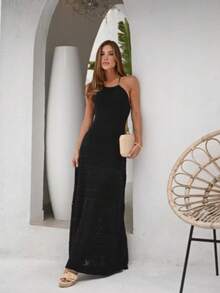 Lace Dress In Modal Knit With Straps, Midi Length, Summer 2026 - màu đen - Xem 1