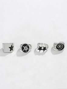 4件套 时尚朋克风螺旋星形戒指，男女皆宜，适合青少年和成人日常休闲佩戴 - 銀色 - 查看 2