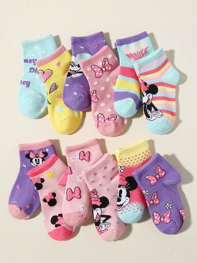  Disney 1/3/5/10 Pairs Kids/Boys/Girls Summer Short Socks, Vintage Cartoon Cute Bow, Minnie, Floral, Polka Dot, Striped Patterns, Fashion Soft Breathable Comfortable Socks For Back To School, Party, Casual, Sports