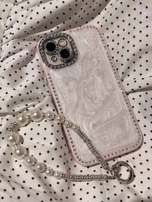 奢华激光水钻纹理手机壳，兼容 17 Pro Max/16 Pro Max/15/14/13，珍珠手链设计，防震保护，硬质边框 - 粉色 - 查看 3