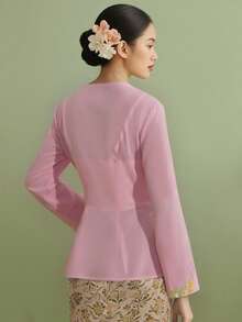 Nyonya Kebaya，女士 Kebaya，传统土生华人服装，优雅刺绣长袖衬衫夹克，粉色上衣，开斋节服装 - 粉色 - 查看 2