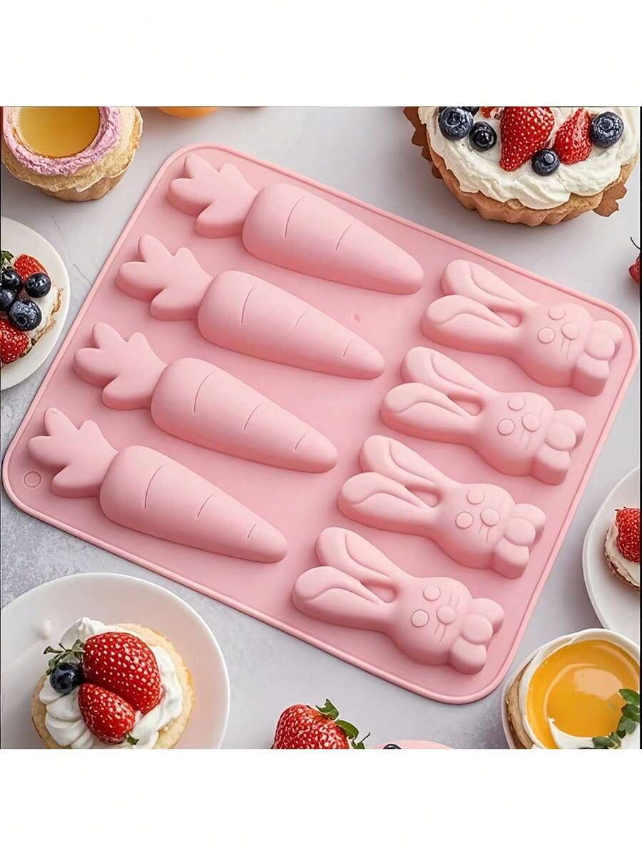 1pc For 8pcs Rabbit Radish Silicone Cake Mold Household Ice Tray Finger Biscuit Muffin Cup Cake Cup Baking Silicone Chocolate Molds, Rectangular Ice Cube Molds, Teething Stick Molds, Rabbit And Carrot Finger Molds - Multicolor - View 1