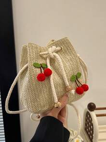 Túi đeo chéo vai họa tiết dâu tây thời trang mới, túi xách tay, túi công sở, túi xô dây rút, túi đeo vai họa tiết quả anh đào tối giản. - Màu Khaki - Xem 7