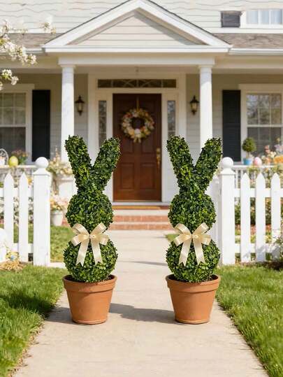 Artificial Easter Bunny Shaped Green Plastic Topiary - Cute Bunny With Bow Realistic Faux Plant, Rabbit Shaped Fake Potted Plant For Home Garden Decor, Easter Party Decoration, No Planter