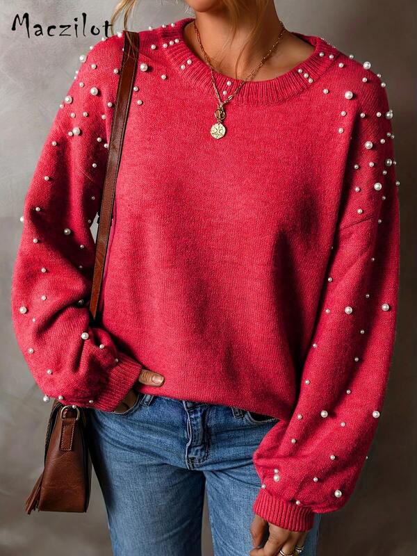 Plus Size Elegant European And American Style Round Neck Pearl Decorated Knit Sweater For Women, Autumn/Winter
