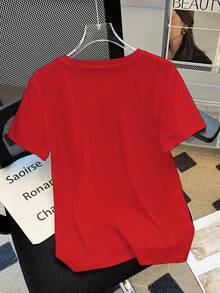 Women's Casual Crew Neck Short Sleeve T-shirt - Valentine's Day Gift, Easy to Match, Stylish Look - Rojo - Ver 6