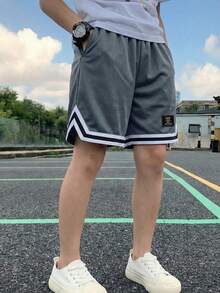 1件青少年男孩運動透氣拼接色戶外健身網球健身房籃球網布印花短褲 春夏秋返校季 - 灰色 - 查看 2