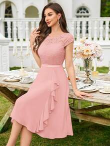 MIUSOL Elegant Solid Color Lace Patchwork Ruffle Hem Cocktail Party Dress Wedding Pink Spring - Pink - View 8