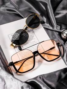 2 Pairs Fashion Half-Frame Square Glasses & Oval Glasses, Versatile Retro Personalized Accessories For Street Photography, Summer Vacation, Beach - 2pcs (茶色+黑色) - 查看 2