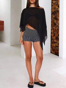 Women's Solid Color Asymmetric Sheer Blouse - Black - View 5