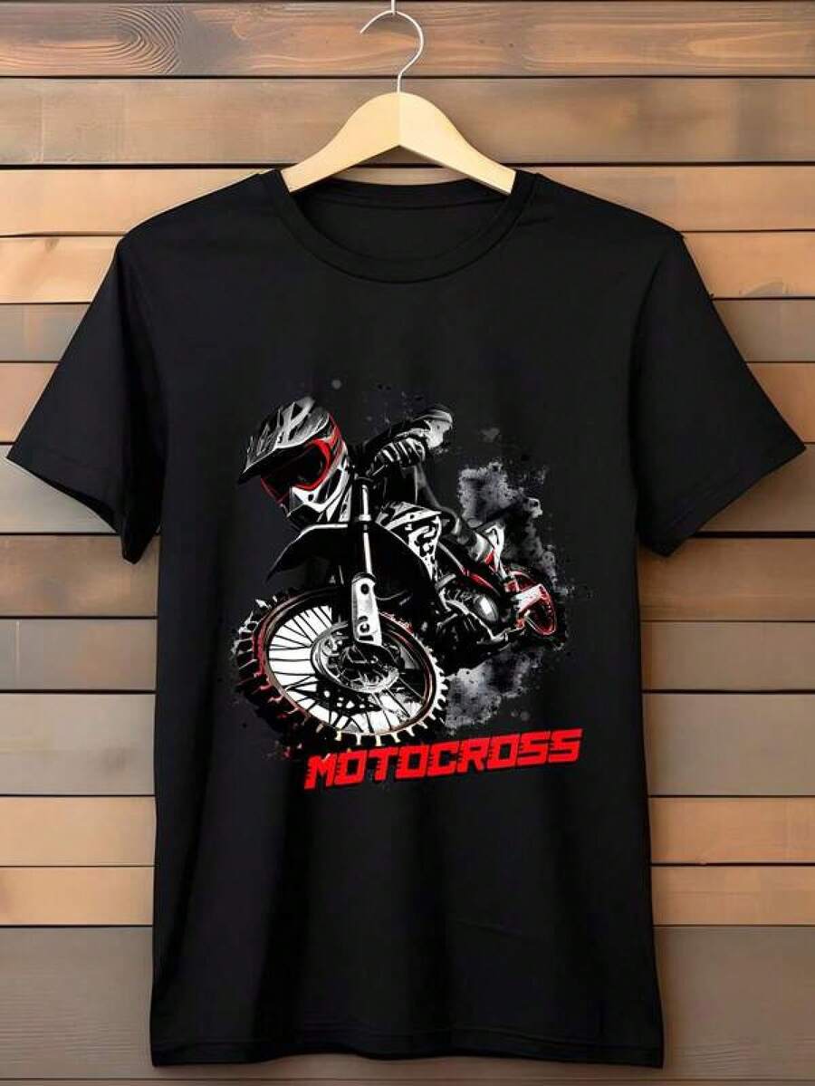 Shirts For Men Motocross T Shirt 100 Percent Cotton Graphic Tee For Men Women Dirt Bike Rider Motorcycle Off Road Racing Design Printed Short Sleeve Top Men's Casual Print Round Neck Short Sleeve T-Shirt Men Women T-Shirt Print Tee - 黑色 - 查看 1