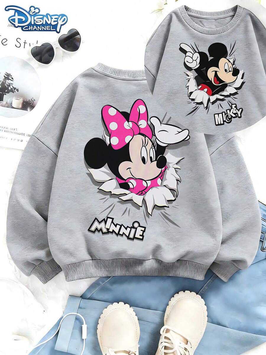 This Disney Girls' Sweatshirt Features A Creative And Dynamic Design Of Mickey And Minnie Mouse "Breaking Through The Wall," Giving It A Playful And Lively Style. The Fabric Is Soft And Warm, Making It Perfect For Everyday Wear, Family Outings, And Various Other Occasions. - 灰色 - 查看 1