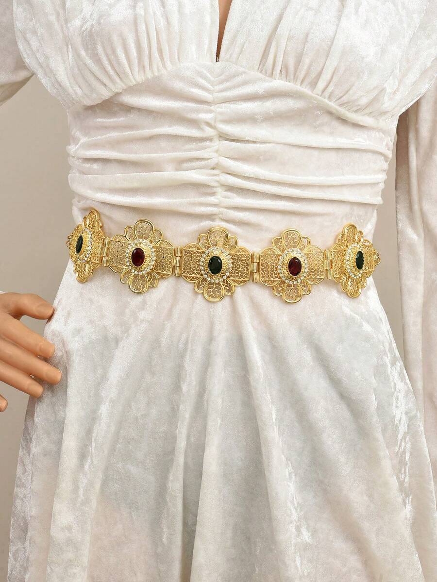 1 قطعة حزام خصر مطلي بالذهب ثقيل الوزن مع تصميم نمط زهري مجوف، إكسسوار خصر زفاف بطراز مغربي مصنوع يدويًا، هدية عطلة - حزام - مشاهدة 1