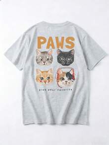 Women's Loose Fit Round Neck Short Sleeve Letter & Cartoon Cat Print T-Shirt, Spring/Summer - Light Gray - View 4