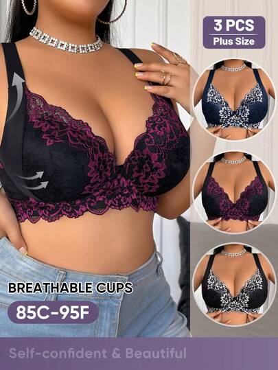 MEIYATING 3件套加大码女士印花柔软舒适轻盈撞色优雅性感支撑文胸，日常穿着