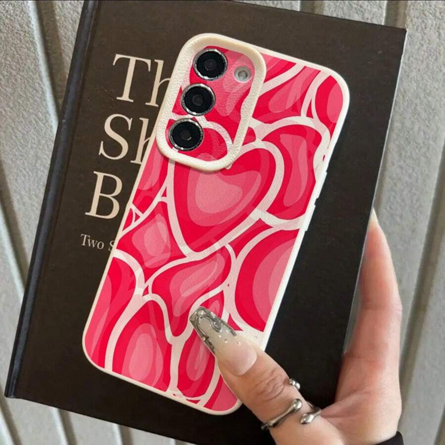 1pc TPU Material Cute Pink Heart Pattern Fashionable Phone Case Suitable For Samsung/A05s/A12/A13/A14/4G/A15/A21s/A23/A25/A32/5G/A34/A35/A50s/A51/A52/A53/A54/A55/A71/A72/A73/S10/S20FE/S20Ultra/S21Ultra/S22/S22Plus/S23/S24, Redmi/10C/12C/Note10/11/12/13/ProPlus/Note8/9Pro, Full-Body Shockproof Soft Shell Phone Protective Case - White - View 1