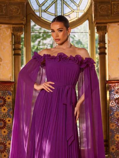 Faeriesty Women's Elegant Off-Shoulder Formal Evening Gown, Cape Sleeve Design With Pleated Skirt And Waist Bow, Suitable For Attending Galas, Formal Balls, Black-Tie Events, Weddings, And New Year Parties, Spring/Summer