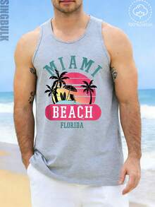 singbulk Men's Cotton Comfy Sleeveless With Beach Palm Trees Print Casual Tank Tops,170g Pure  Heavy 100% Cotton Tank Tops, 1pcs - 灰色 - 查看 1